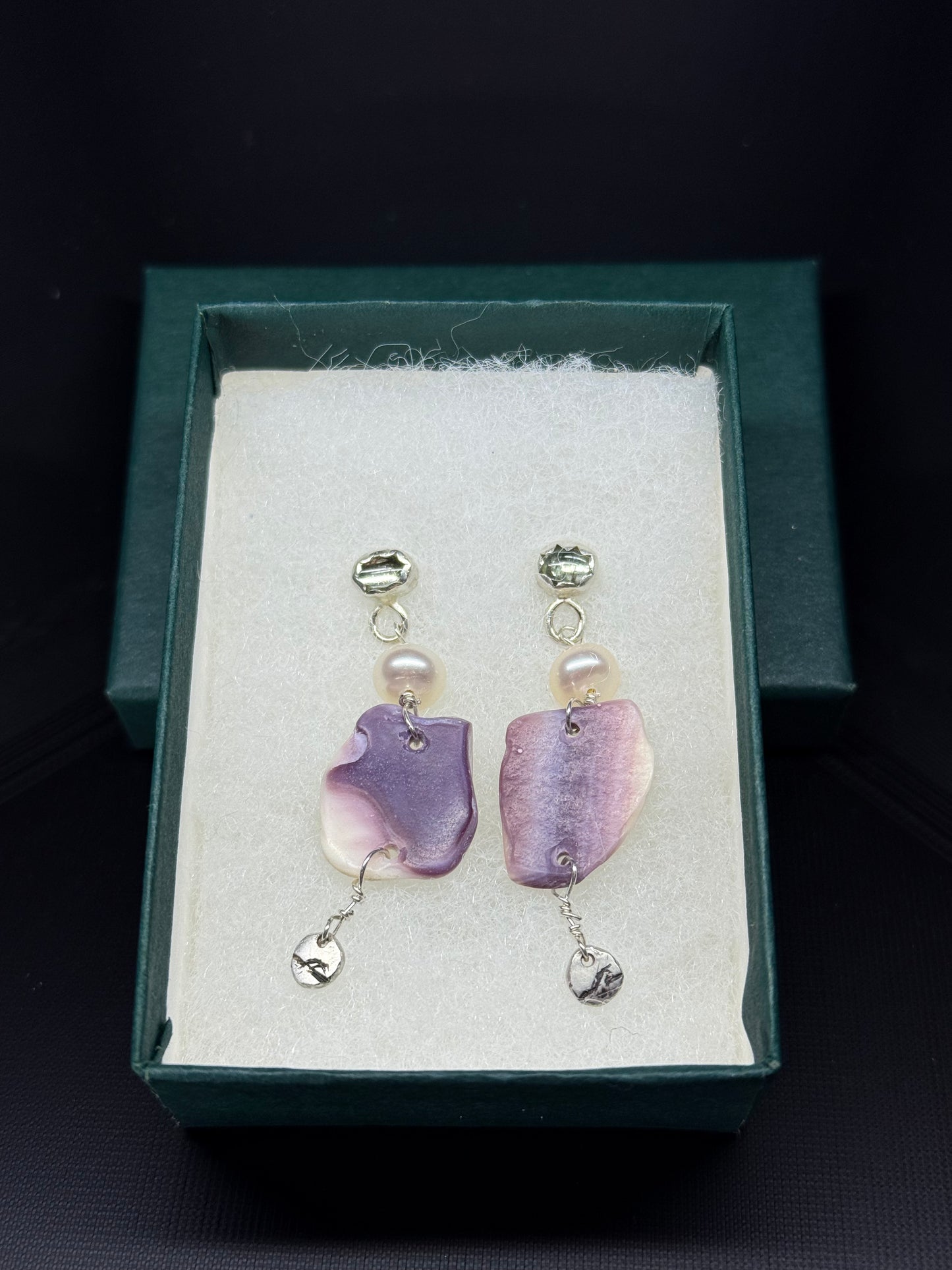 Abelone, Pearl, Silver & Aquamarine Earrings