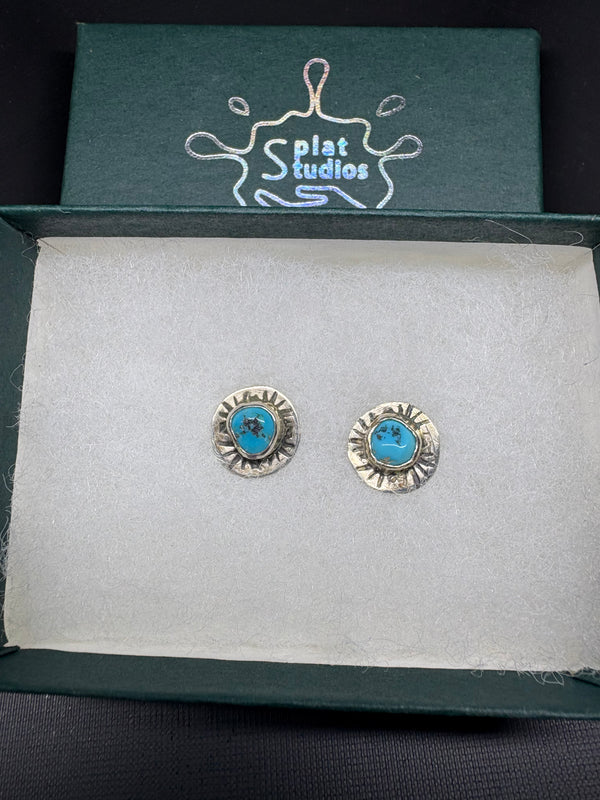Handmade Sterling Silver Turquoise Stud Earrings, Southwestern Sunburst Silver Posts, Artisan Turquoise Earrings