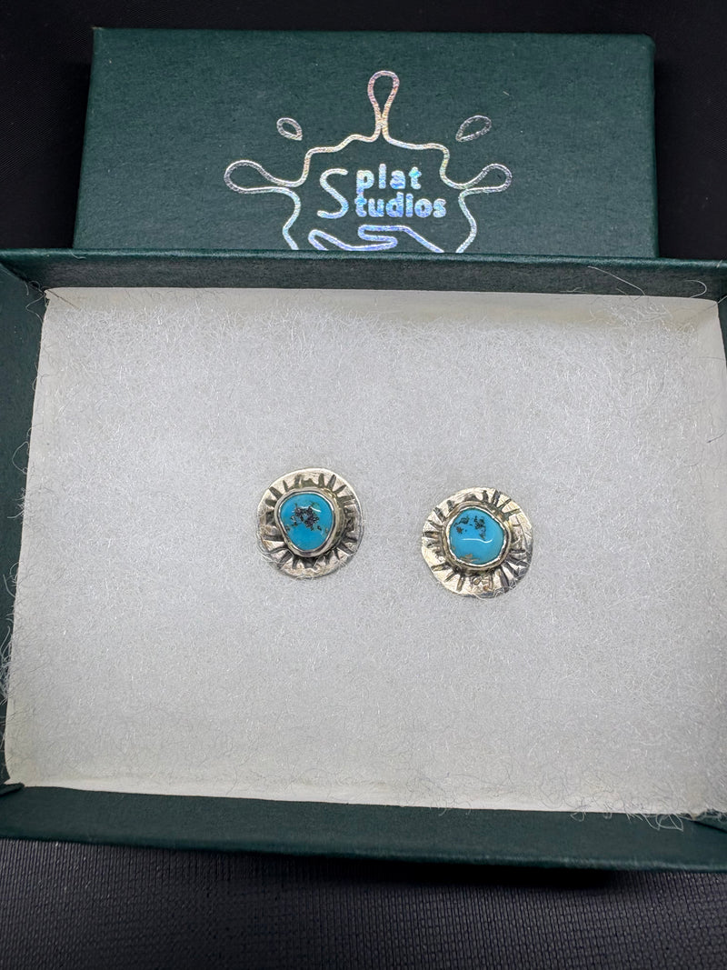 Handmade Sterling Silver Turquoise Stud Earrings, Southwestern Sunburst Silver Posts, Artisan Turquoise Earrings