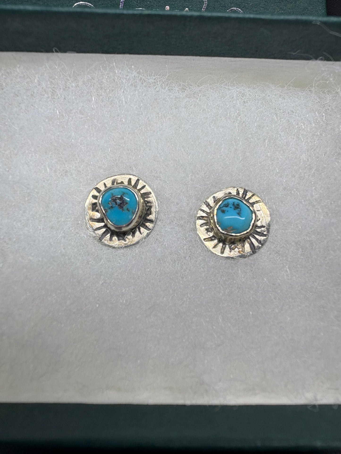 Handmade Sterling Silver Turquoise Stud Earrings, Southwestern Sunburst Silver Posts, Artisan Turquoise Earrings