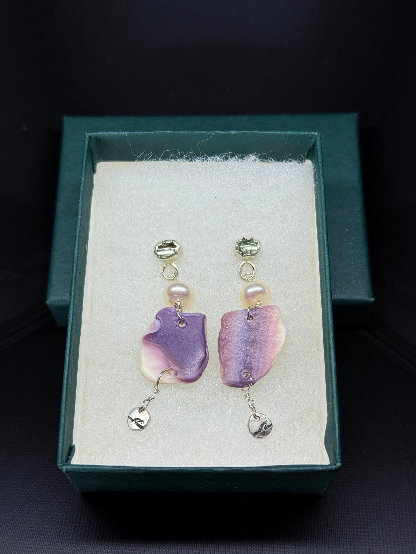 Abelone, Pearl, Silver & Aquamarine Earrings